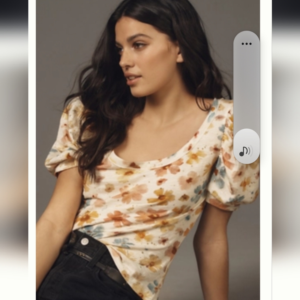 Anthropologie Floral Puff-Sleeve Scoop-Neck Top